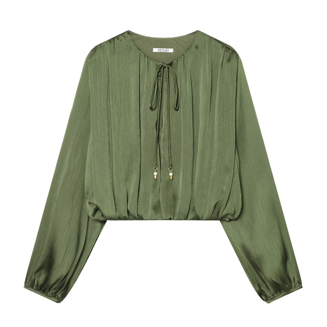 Women Cropped Pleated Blouse with Drawstring Closure and Balloon Sleeves Mune Fashion