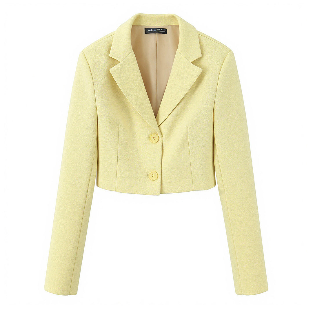 Women's tailored cropped short blazer with lapel collar and two-button front Mune Fashion