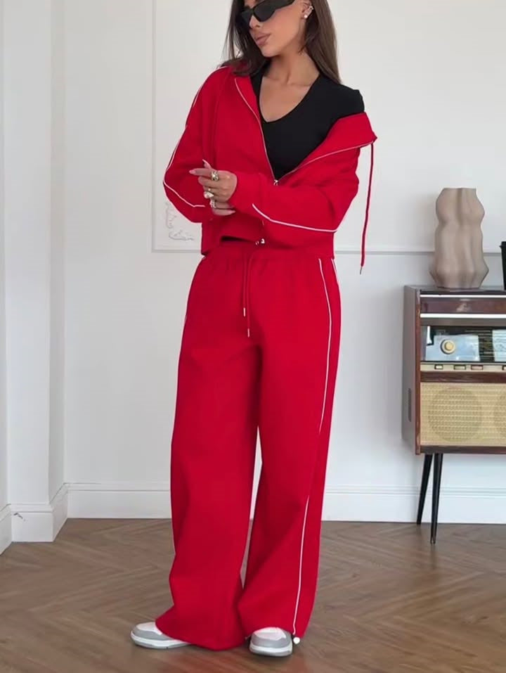 Women's Casual Two-Piece Lounge Set with Oversized Zip Jacket and Wide Drawstring Pants Waist Mune Fashion
