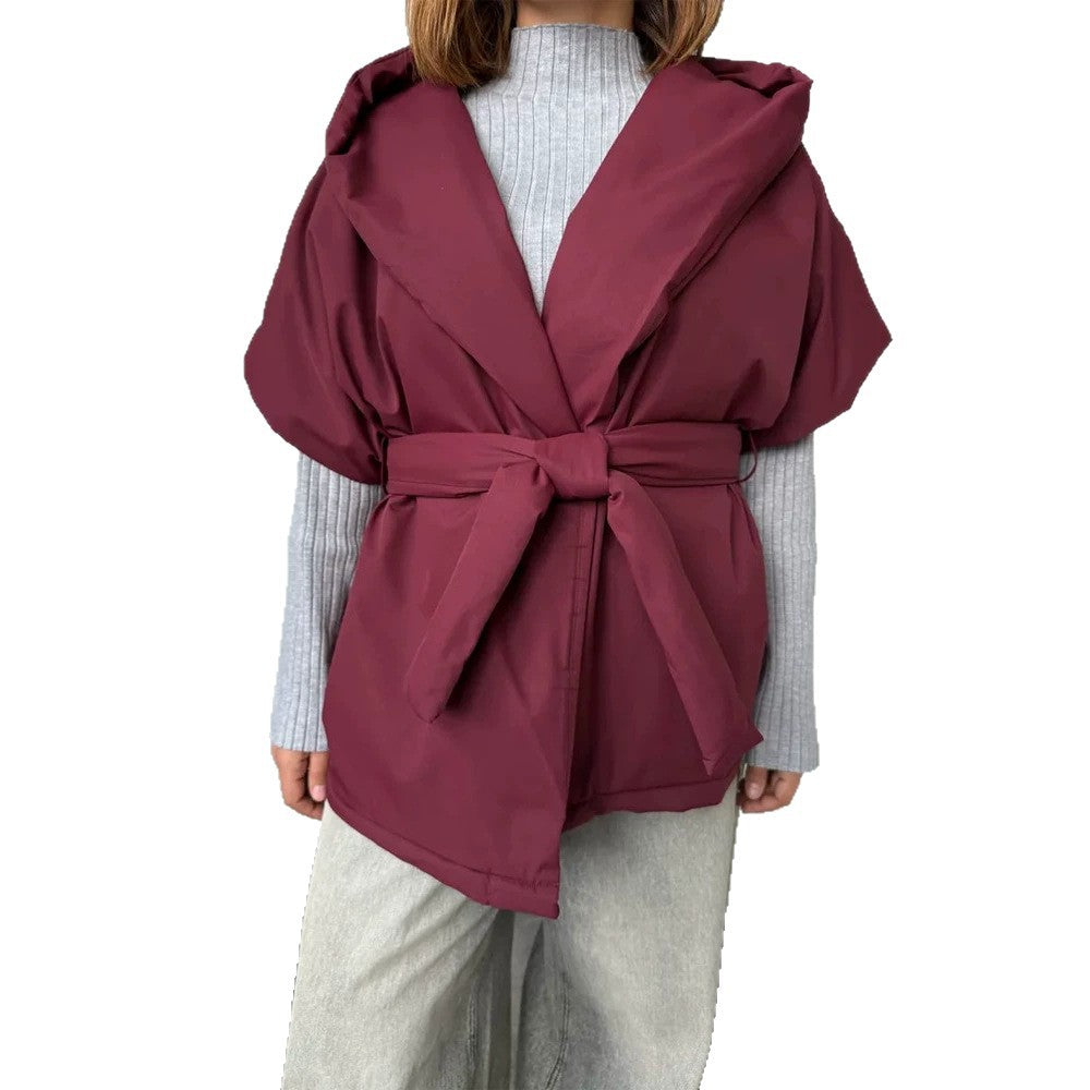 Ladies sleeveless quilted hooded vest with waist tie belt Mune Fashion