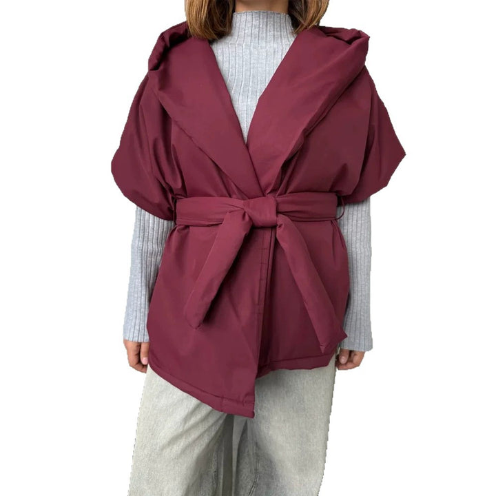 Ladies sleeveless quilted hooded vest with waist tie belt Mune Fashion