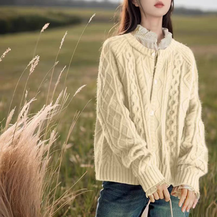 Ladies Cozy Braid and Diamond Knit Cardigan with Mother-of-Pearl Button Placket Mune Fashion