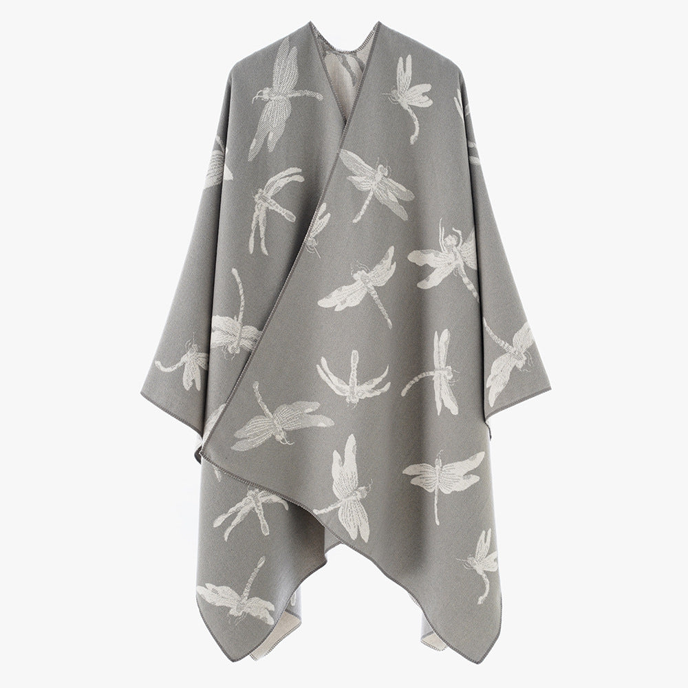 Ladies Reversible Jacquard Poncho with Dragonfly Pattern Mune Fashion