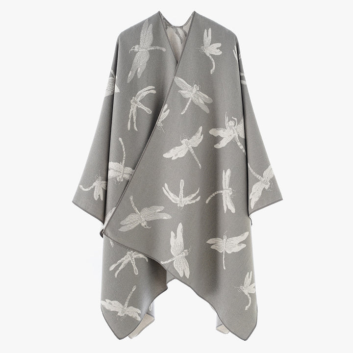Ladies Reversible Jacquard Poncho with Dragonfly Pattern Mune Fashion