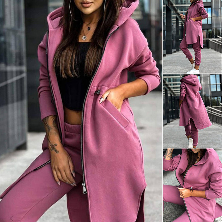 Women's long sweat hoodie jacket with two-way zipper, drawstring waist, side pockets, and side slits Mune Fashion