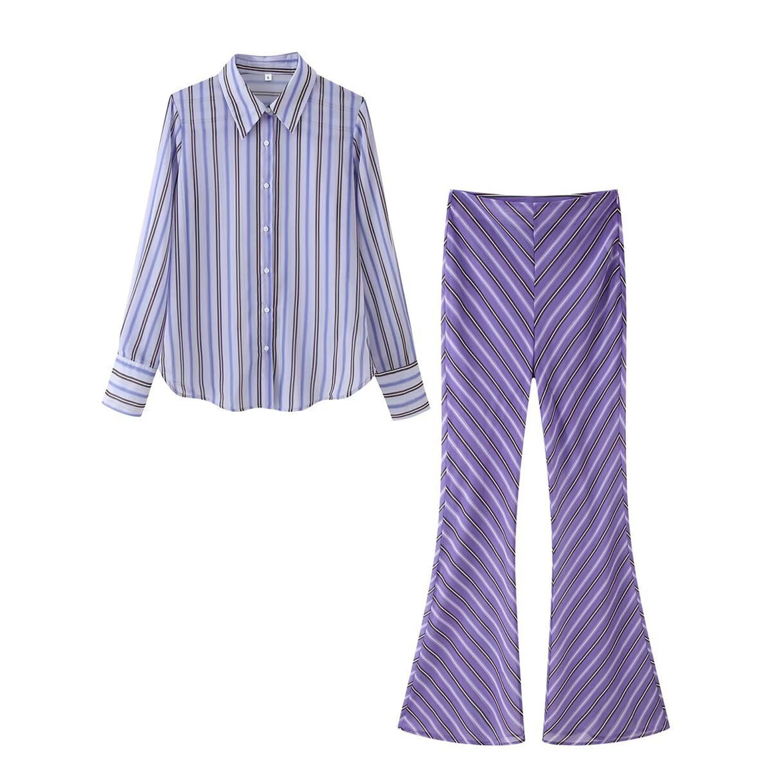 Women's Flared Satin Pants with Diagonal Stripe Look and High Waist Mune Fashion