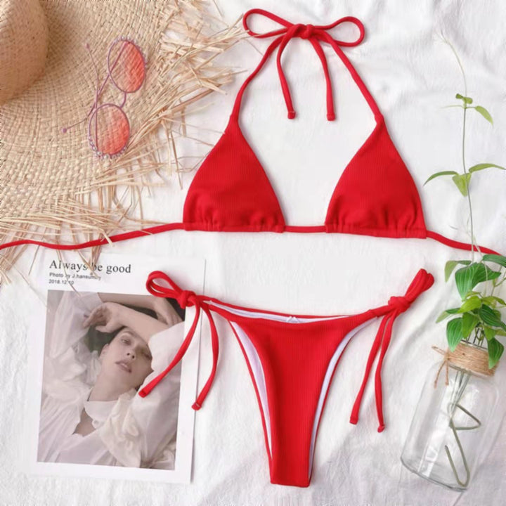 Ladies Triangle Bikini with adjustable ties and ribbed knit Mune Fashion