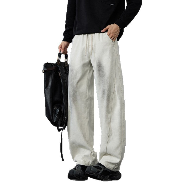 Men's Wide Cotton Drawstring Pants in Vintage Wash Look Mune Fashion