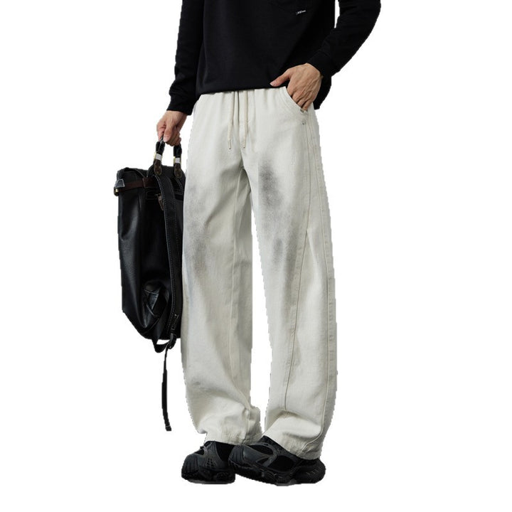 Men's Wide Cotton Drawstring Pants in Vintage Wash Look Mune Fashion