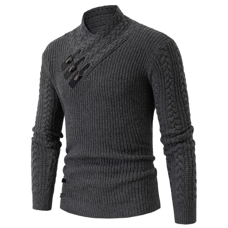 Men's Structured Cable Knit Mock Neck Sweater with Asymmetrical Strap Decoration Mune Fashion