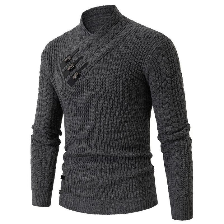 Men's Structured Cable Knit Mock Neck Sweater with Asymmetrical Strap Decoration Mune Fashion