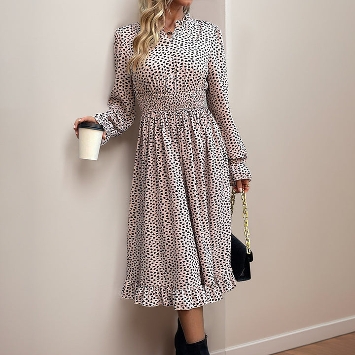 Women's midi dress with smocked waist, button placket, stand-up collar, and flounce skirt Mune Fashion