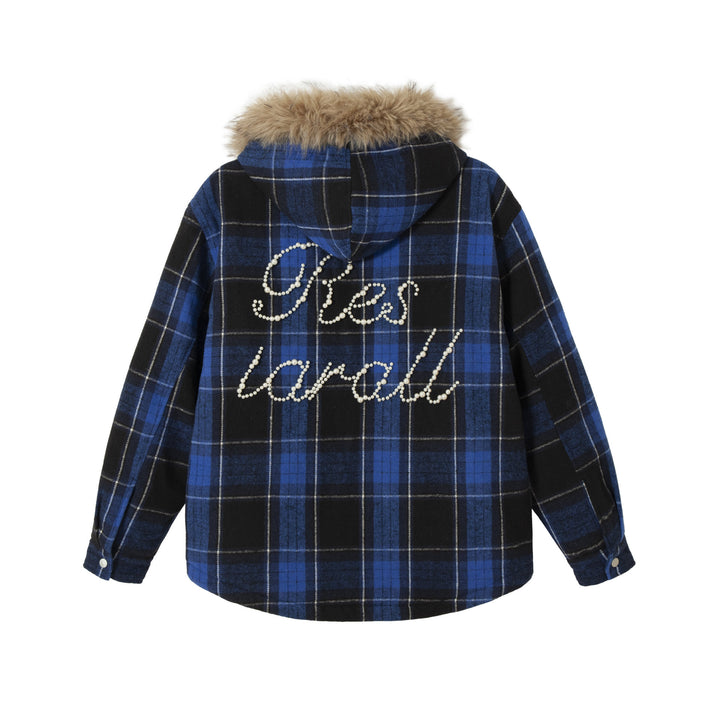 Women's checked wool blend blouson with detachable faux fur collar and pearl appliqué Mune Fashion
