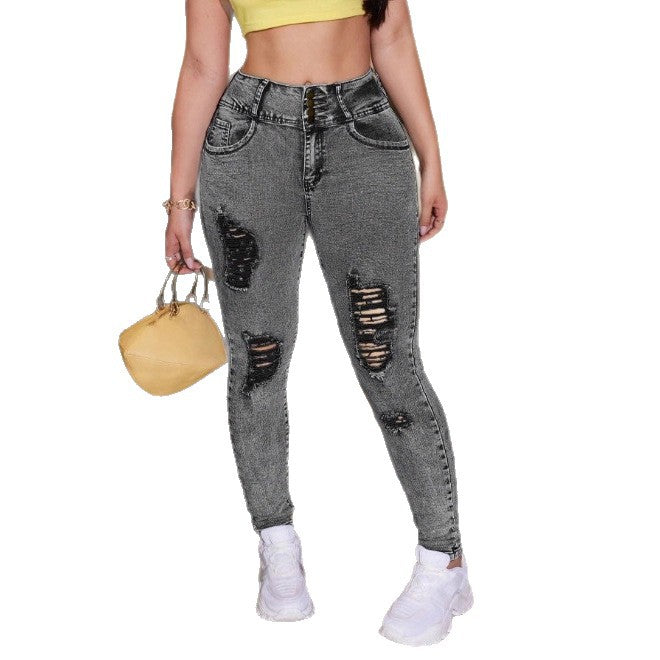 Women High-Rise Sculpting Skinny Jeans with Waist-Shaping Multiple Button and Targeted Distressed Look Mune Fashion