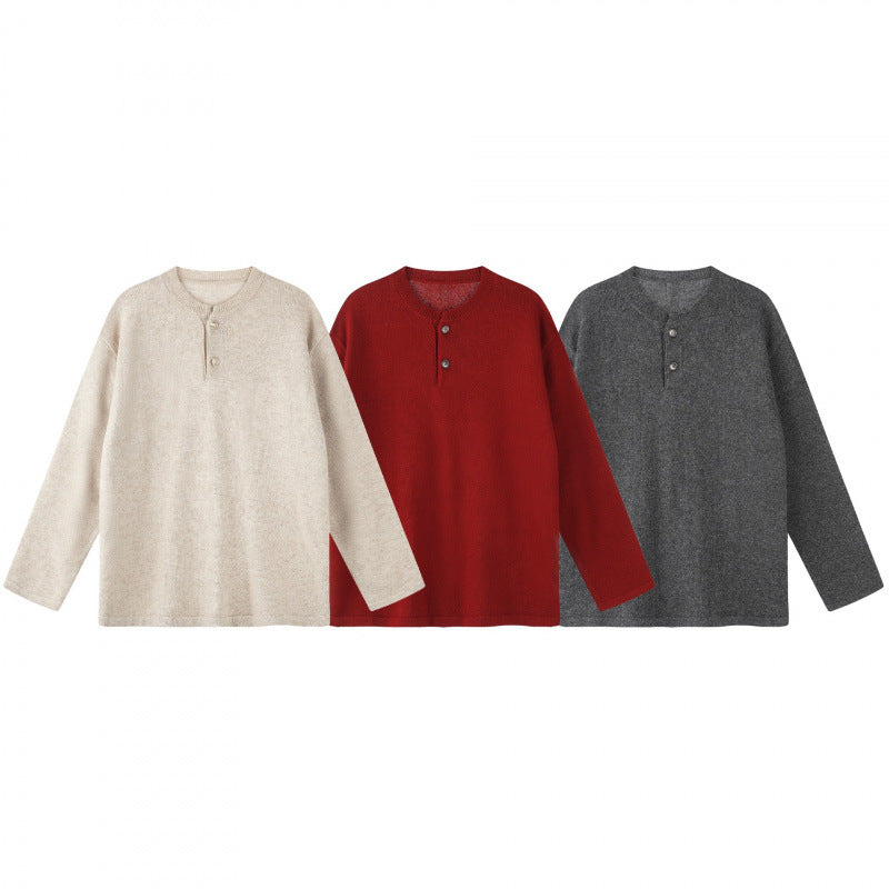 Unisex Oversize knit sweater with Henley button placket, straight hem and light texture Mune Fashion