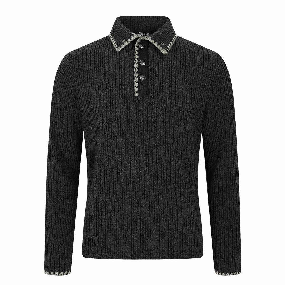 Men's Ribbed Polo Collar Sweater with Decorative Seam and Button Placket Mune Fashion