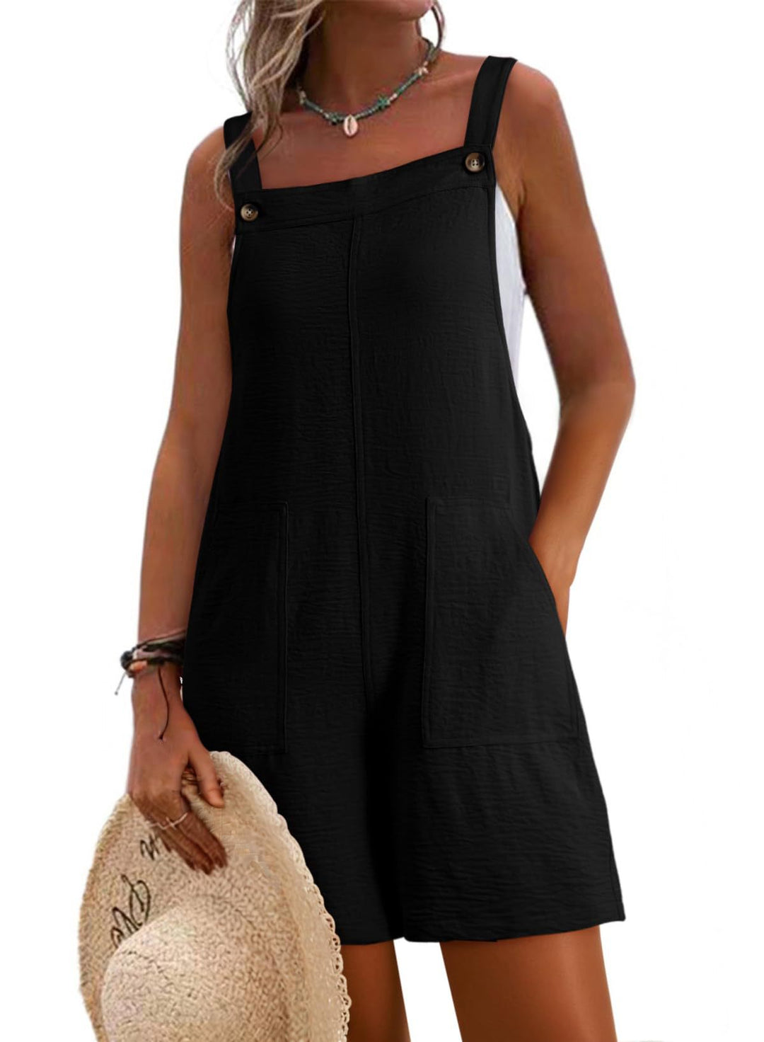 Women Casual Short Overall with Straps, Front Pockets and Linen Look Mune Fashion