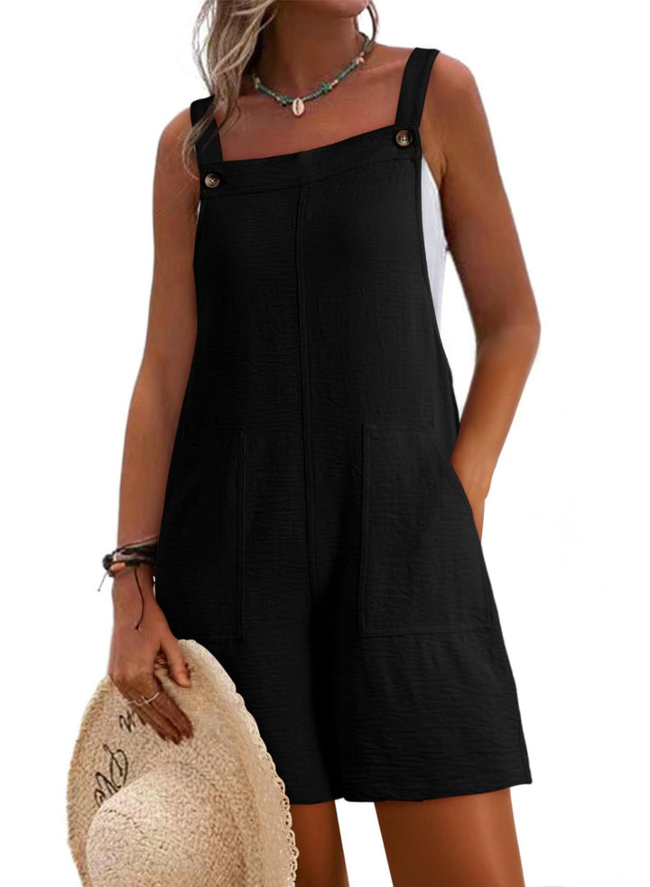 Women Casual Short Overall with Straps, Front Pockets and Linen Look Mune Fashion