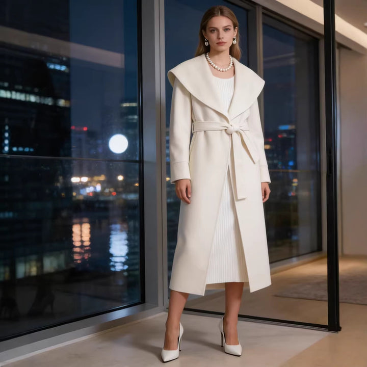 Women Elegant Coat with Oversized Shawl Collar and Tied Belt Mune Fashion