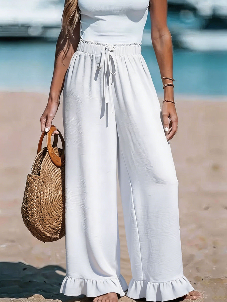 Ladies Lightweight Linen Pants with Wide Leg and Elastic Waistband Mune Fashion