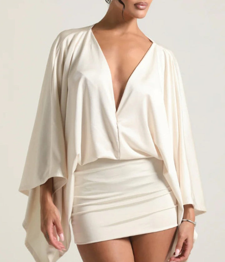 Women nan cape mini dress with deep V-neck, batwing sleeves and tailored mini skirt Mune Fashion