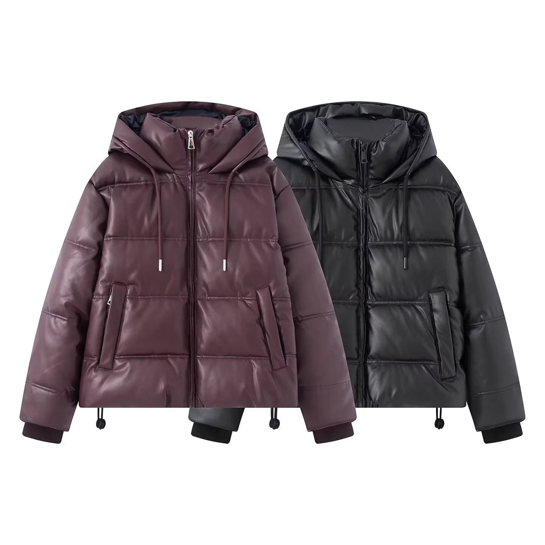 Women's Short Quilted Faux Leather Puffer Jacket with Hood, Drawstring and Side Pockets Mune Fashion