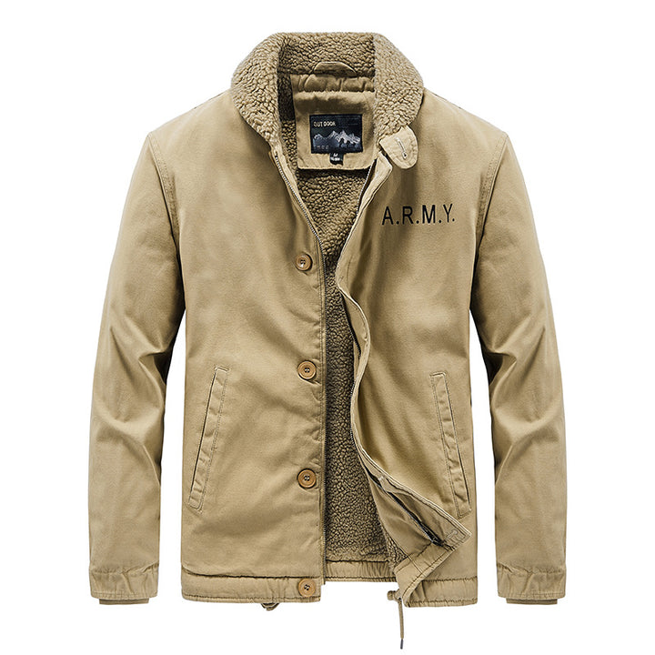Men's padded field jacket with teddy lining, concealed two-way zipper and drawstring hem.