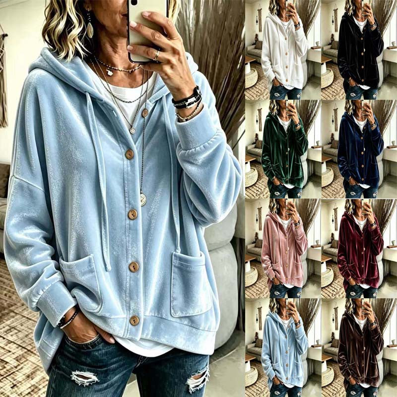 Women's Oversized Hooded Velvet Jacket with Button Placket and Patch Pockets Mune Fashion
