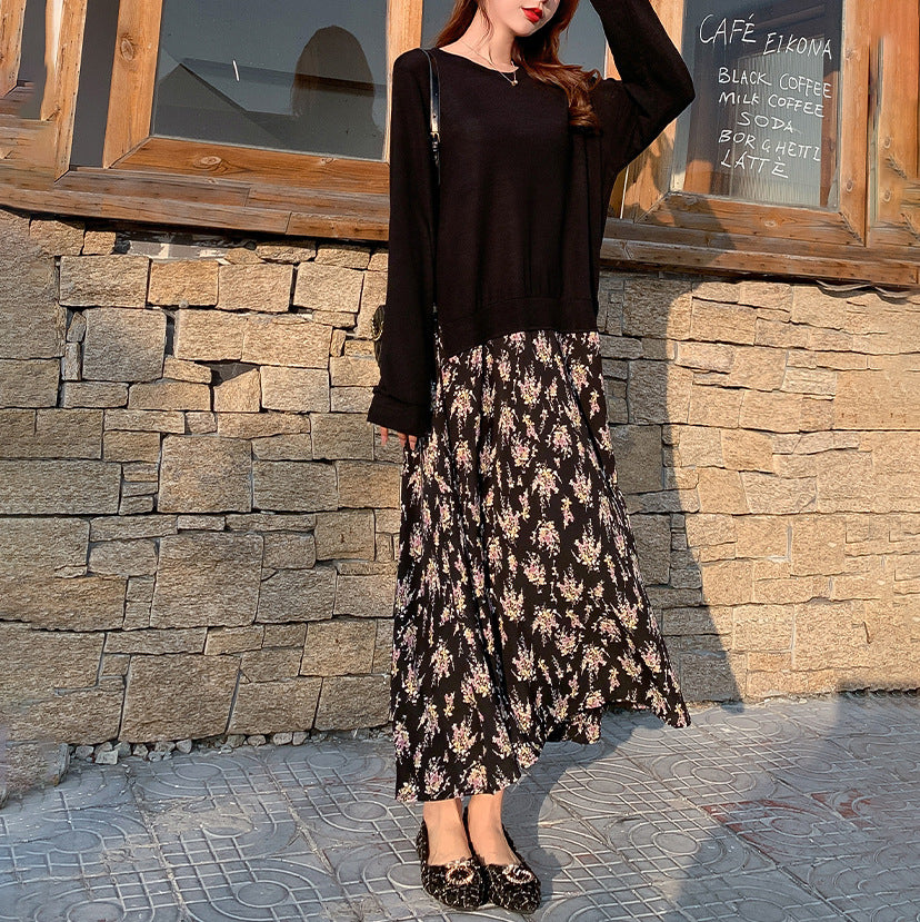Women's casual layered dress with sweatshirt top and printed midi skirt Mune Fashion