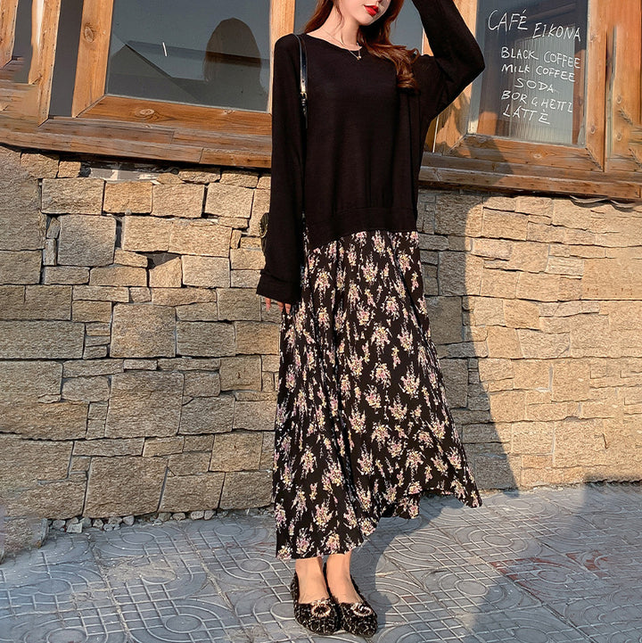 Women's casual layered dress with sweatshirt top and printed midi skirt Mune Fashion