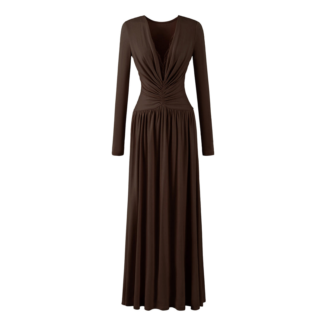 Women Maxi Dress with Ruched Wrap Top, Deep V-Neck and Lace Trim Mune Fashion