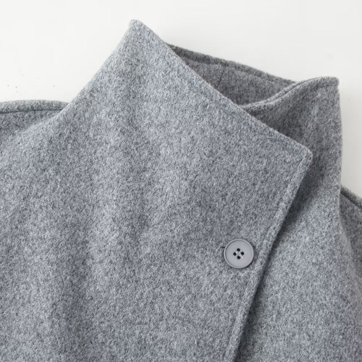 Women's Boxy Double-Breasted Short Coat made of Wool Blend with Stand-Up Collar Mune Fashion