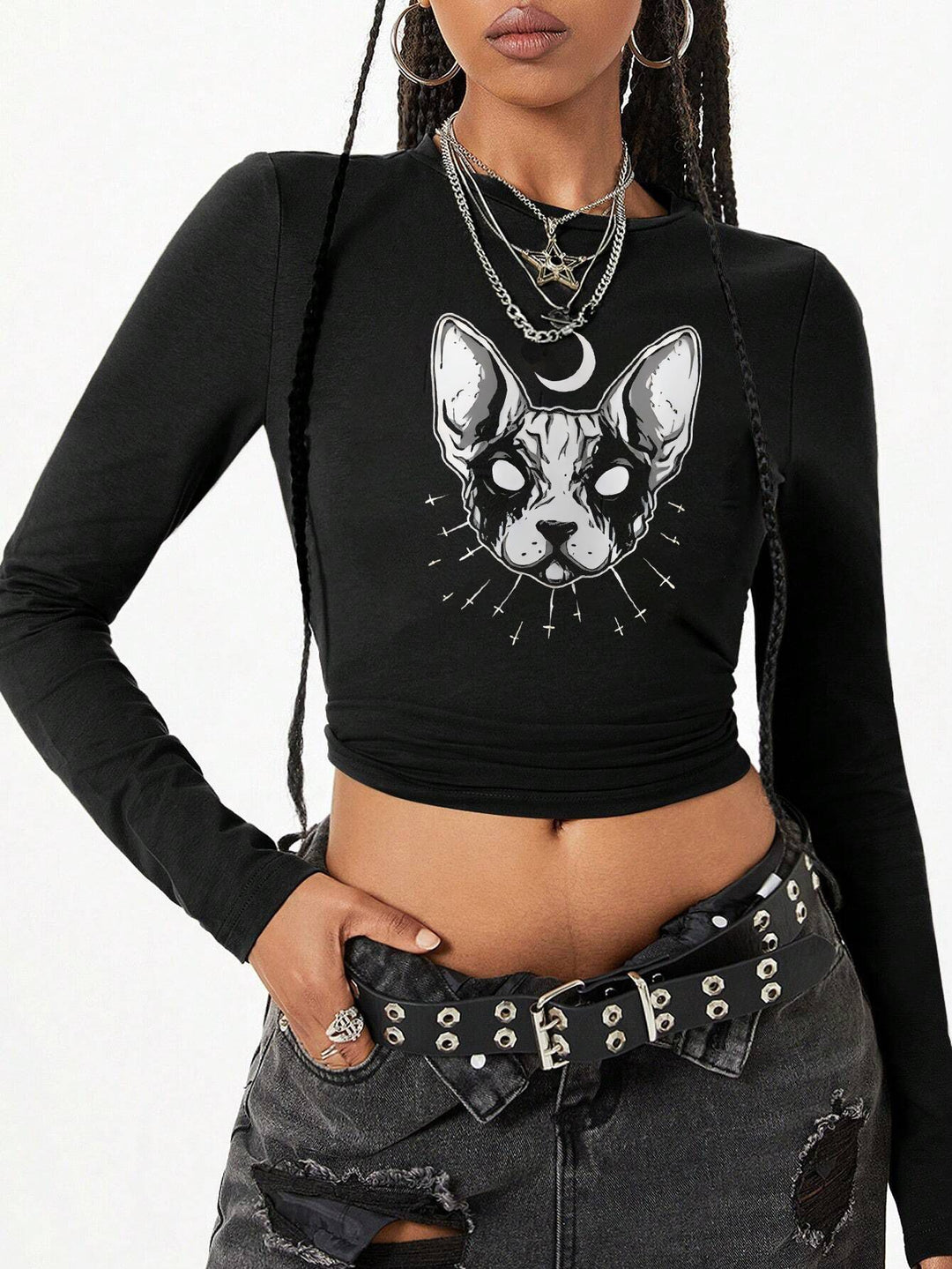 Women's figure-hugging long-sleeved cropped shirt with photorealistic lip collage and slim fit Mune Fashion