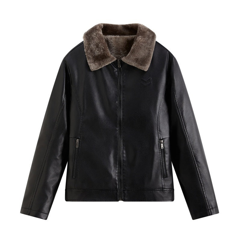 Men's Elegant Leather Jacket with Faux Fur Collar Mune Fashion