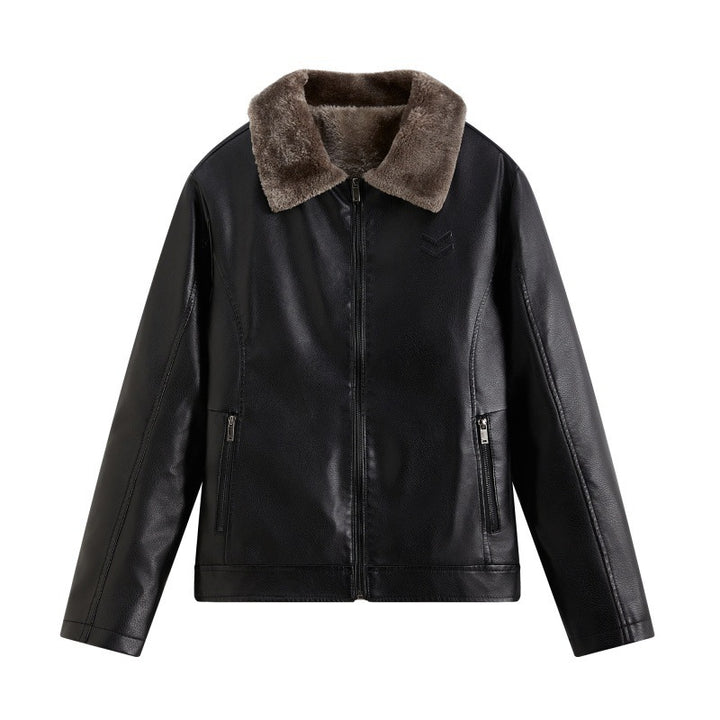 Men's Elegant Leather Jacket with Faux Fur Collar Mune Fashion