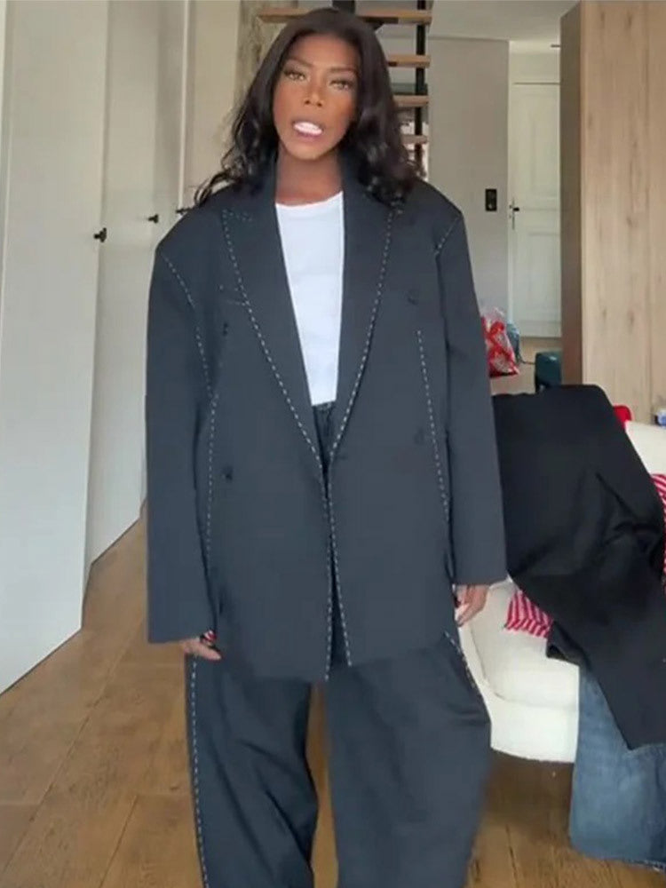 Women Oversized Two-Piece Boxy Blazer and Wide Pleated Trousers with Decorative Stitching Mune Fashion