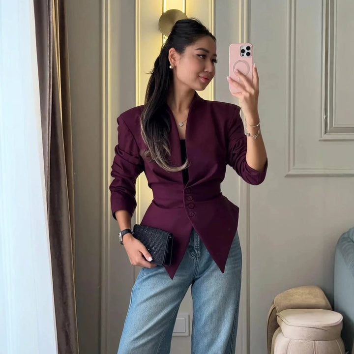 Women's Tailored Blazer with Pointed Hem and Deep V-Neck Mune Fashion