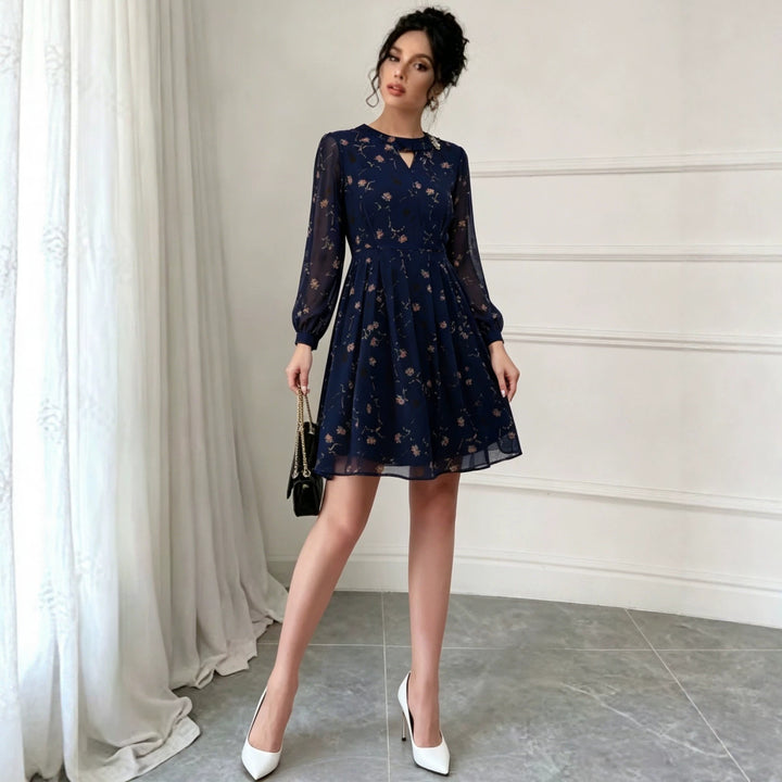 Women Chiffon Midi Dress with Pleated Skirt, Transparent Sleeves and Decorative Brooch Mune Fashion