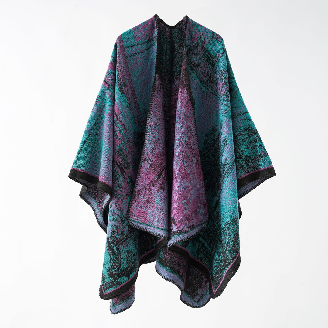Women Oversize Ruana in boxy cape with jacquard woven structure and soft wool blend drape