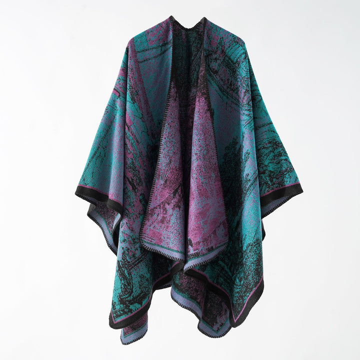 Women Oversize Ruana in boxy cape with jacquard woven structure and soft wool blend drape