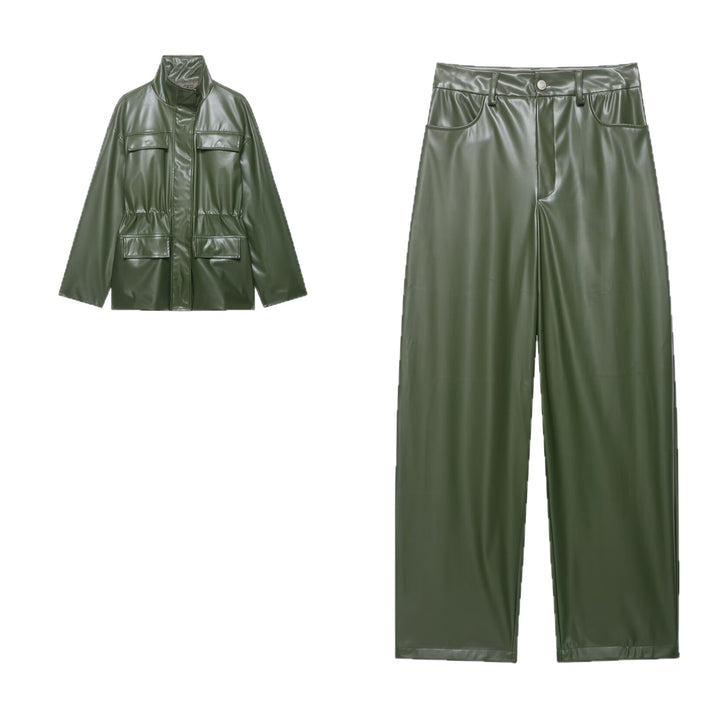 Women's Two-Piece PU Leather Ensemble with Field Jacket, Drawstring Waist and High-Waist Wide-Leg Pants Mune Fashion