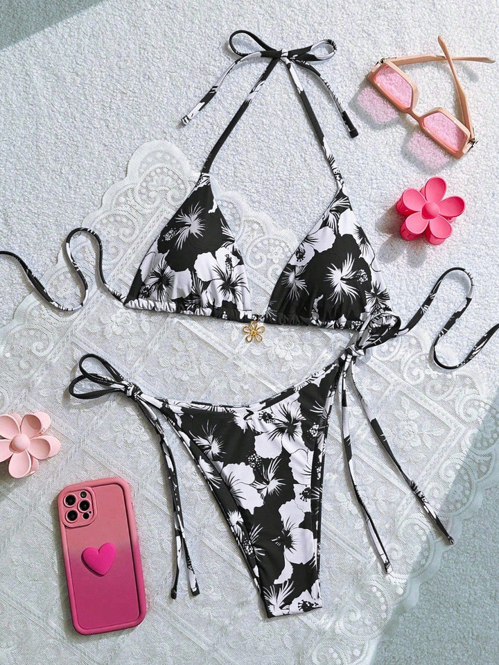 Women's triangle bikini with floral accents and intricate ties Mune Fashion