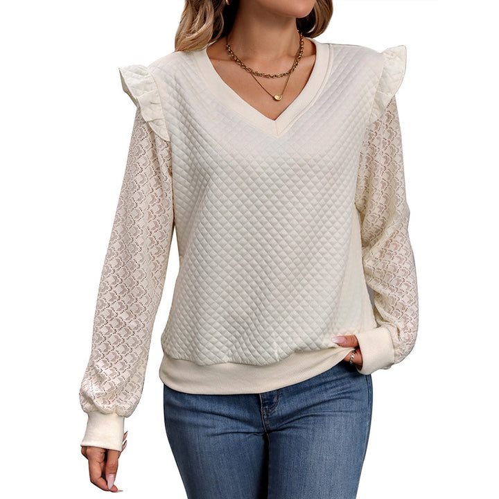 Women's quilted pullover with V-neck and lace sleeves Mune Fashion