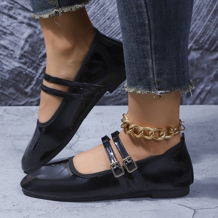 Women's Patent Mary Jane Ballerina with Double Strap and Metal Buckles Mune Fashion