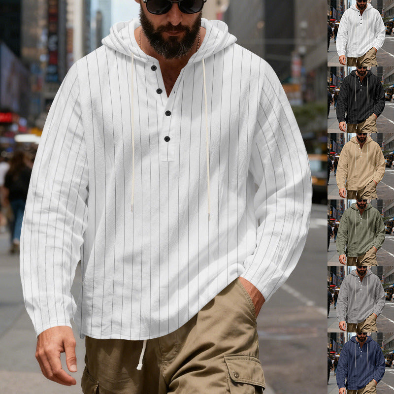 Men's Lightweight Hoodie Henley Shirt with Fine Pinstripes Mune Fashion