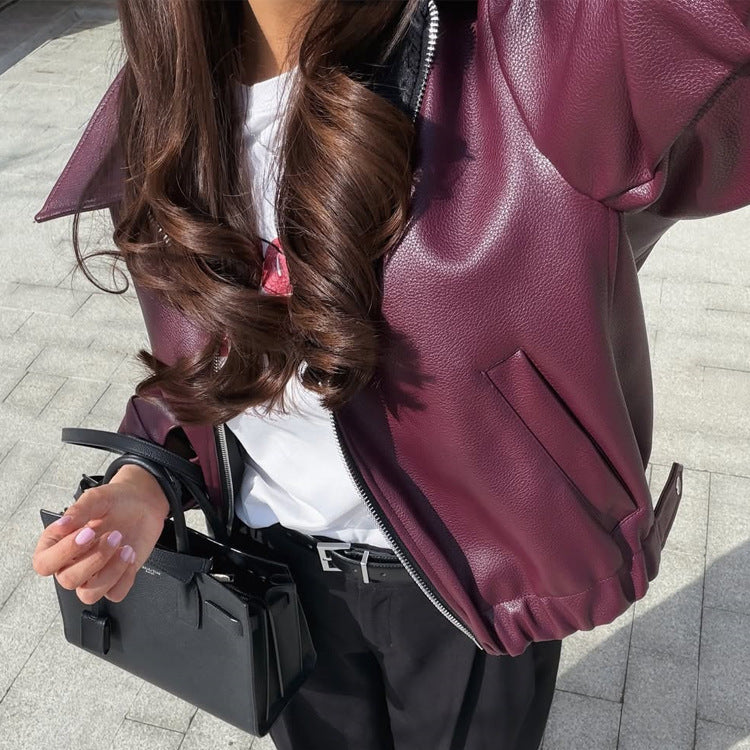 Women Boxy Faux Leather Jacket with Full Zip, Shirt Collar and Light Cropped Cut Mune Fashion