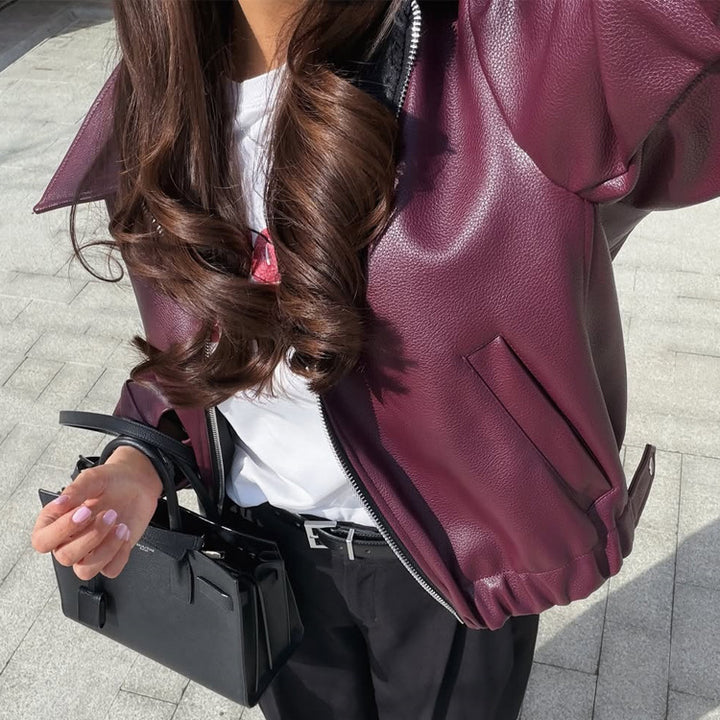 Women Boxy Faux Leather Jacket with Full Zip, Shirt Collar and Light Cropped Cut Mune Fashion