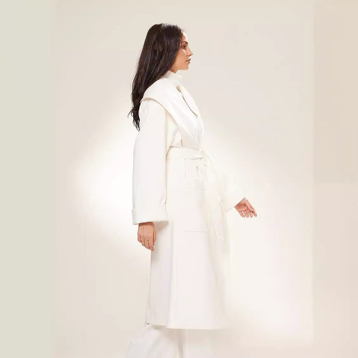 Women Long Oversized Wrap Coat with Generous Shawl Collar and Tie Belt Mune Fashion