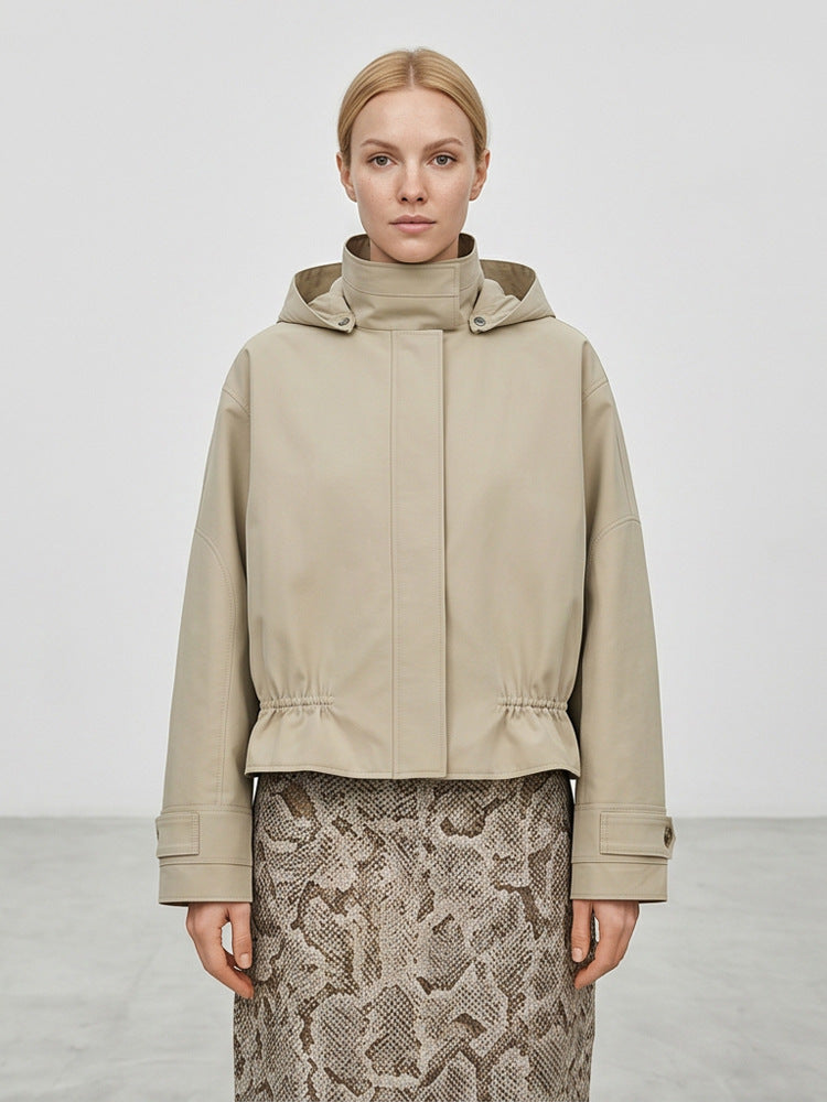 Women Short Vegan Leather Jacket with Hood, Concealed Snap Button Placket and Drawstring Hem Mune Fashion