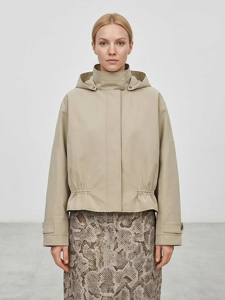 Women Short Vegan Leather Jacket with Hood, Concealed Snap Button Placket and Drawstring Hem Mune Fashion